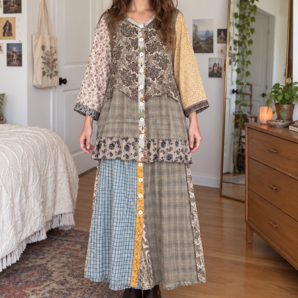 Nothing Matches Vtg Patchwork Tunic & Skirt Set M lagenlook boho Floral